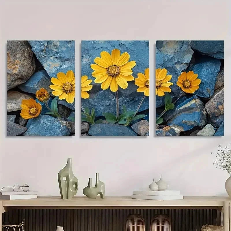 3pcs Yellow Brittlebush Flower Perfect Wall Art Set Canvas Framed 40x60cm - High Quality Print 100% Australian Made Wall Canvas Ready to Hang