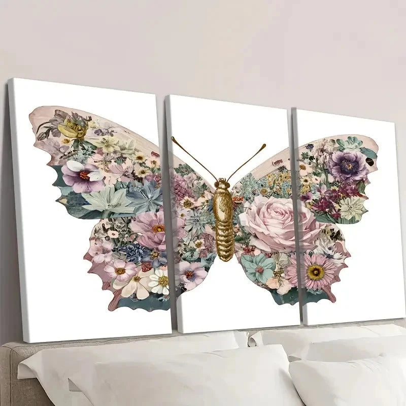 3pcs Vintage Pastel Butterfly Spring Floral Wall Art Set Canvas Framed 50x70cm - High Quality Print 100% Australian Made Wall Canvas Ready to Hang