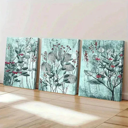 3pcs Blue & Green Leaf Design with Red Berries Art Set Canvas Unframed - High Quality Print 100% Australian Made Wall Canvas