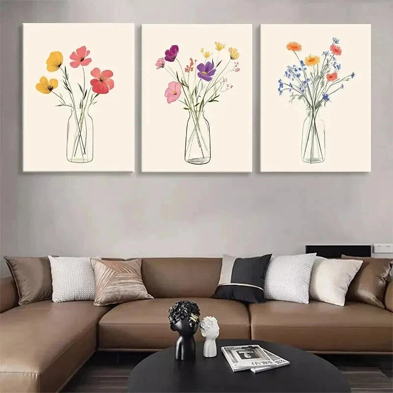 3pcs Floral Vase Colorful Flowers Perfect Wall Art Set Canvas Framed 60x90cm - High Quality Print 100% Australian Made Wall Canvas Ready to Hang
