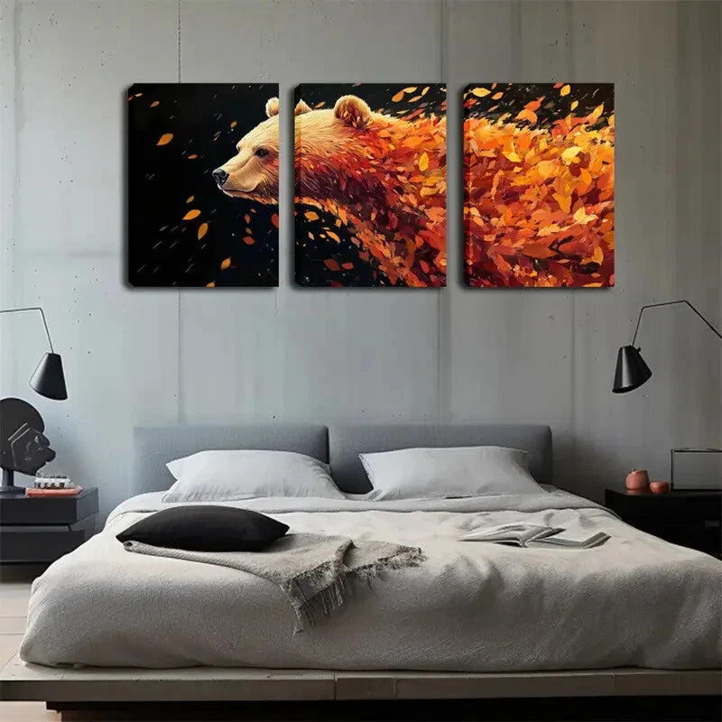 3pcs Modern Bear & Autumn Leaves Décor Perfect Wall Art Set Canvas Framed 40x60cm - High Quality Print 100% Australian Made Wall Canvas Ready to Hang