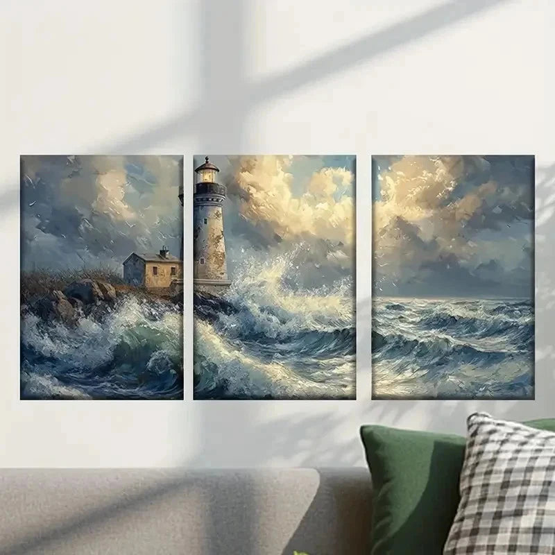 3pcs Abstract Lighthouse in the Ocean Wall Art Set Canvas Framed 40x60cm - High Quality Print 100% Australian Made Wall Canvas Ready to Hang