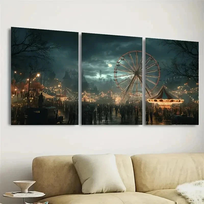 3pcs Spooky Haunted Carnival Wall Art Set Canvas Framed 60x90cm - High Quality Print 100% Australian Made Wall Canvas Ready to Hang