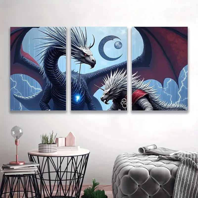 3pcs Clash Of The Two Mighty Dragons Wal1l Art Set Canvas Framed 40x60cm - High Quality Print 100% Australian Made Wall Canvas Ready to Hang