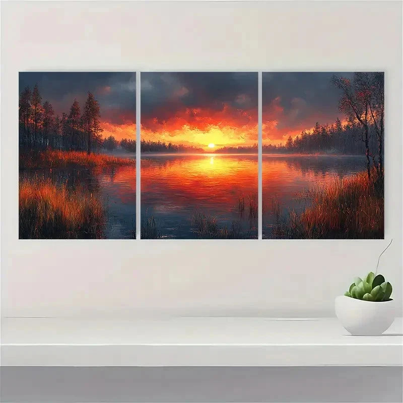3pcs Serene Lake at Moody Sunset A Wall Art Set Canvas Framed 50x70cm - High Quality Print 100% Australian Made Wall Canvas Ready to Hang