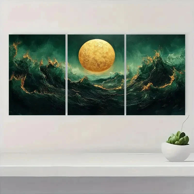 3pcs Golden Textured Minimalist Green G Wall Art Set Canvas Framed 60x90cm - High Quality Print 100% Australian Made Wall Canvas Ready to Hang