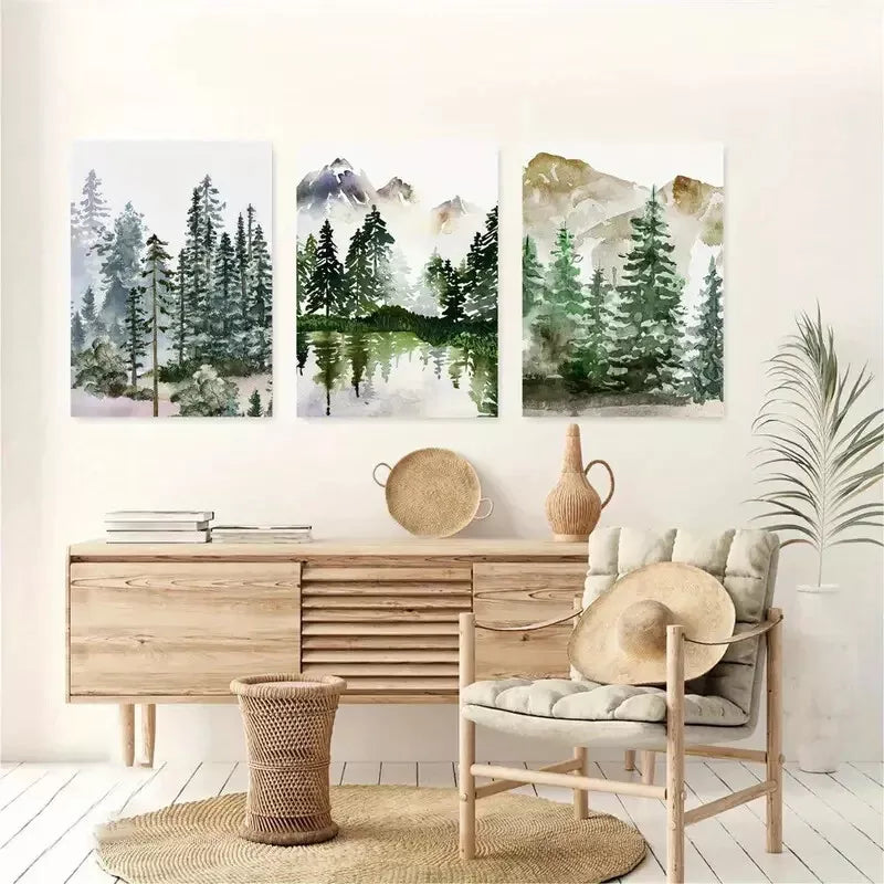 3pcs Mountain Forest Scenery Tranquil River Wall Art Set Canvas Framed 50x70cm - High Quality Print 100% Australian Made Wall Canvas Ready to Hang - Bella Home Decor