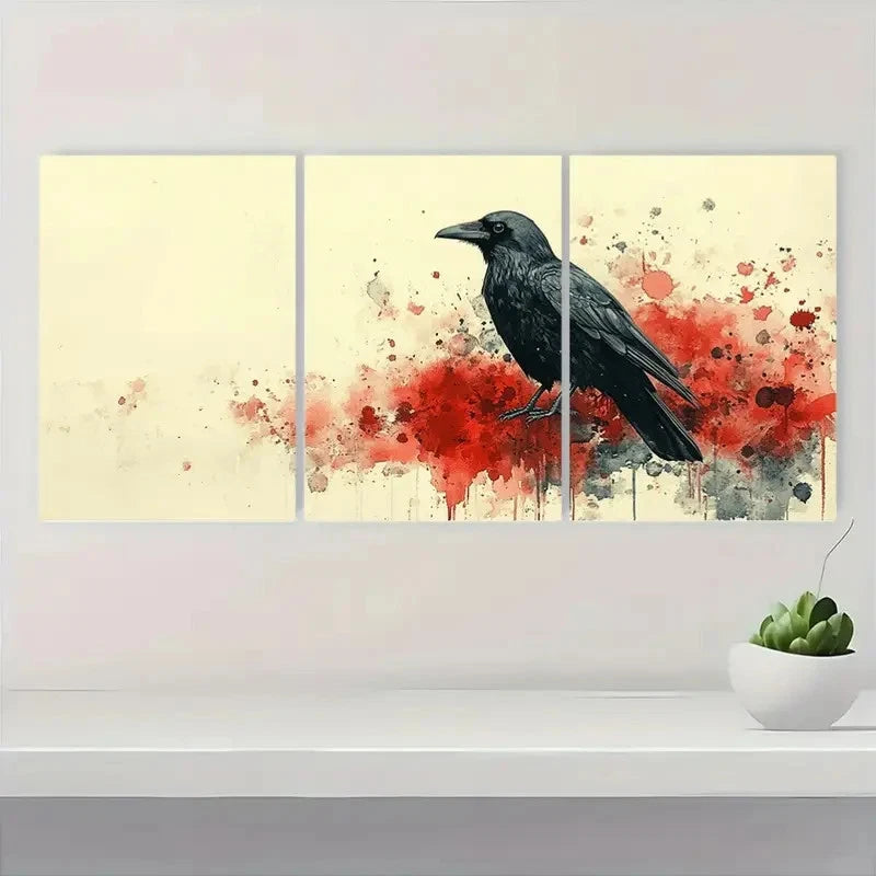 3pcs Black Crow Art Print E Wall Art Set Canvas Framed 40x60cm - High Quality Print 100% Australian Made Wall Canvas Ready to Hang