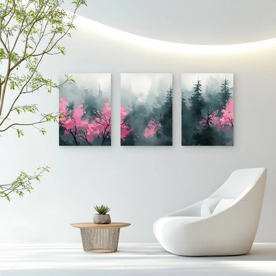3pcs Pink Blossoms In The Misty Pines Wall Art Set Canvas Framed 60x90cm - High Quality Print 100% Australian Made Wall Canvas Ready to Hang
