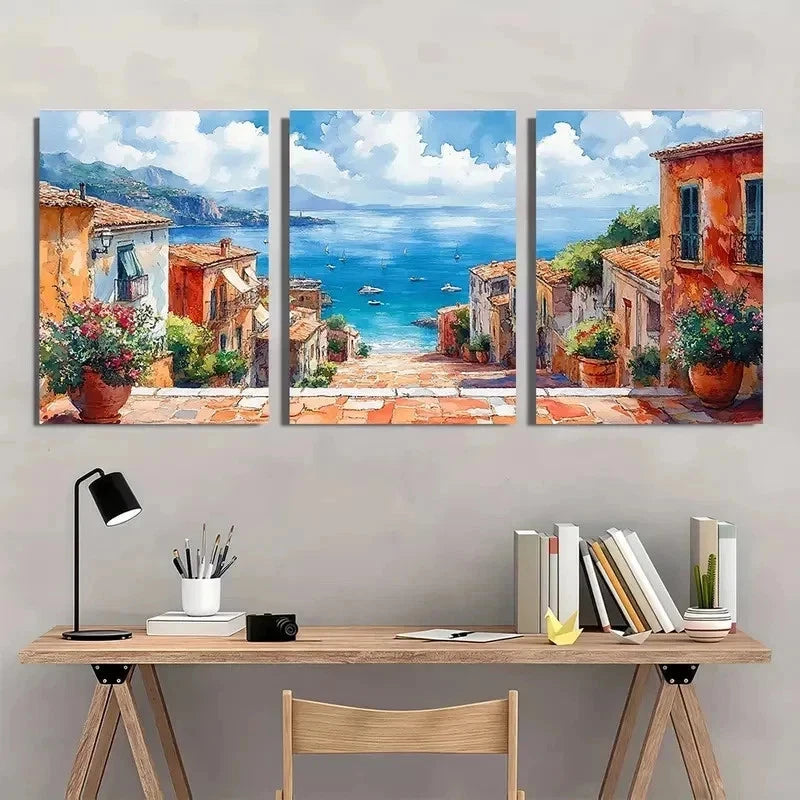 3pcs Street Scene Watercolor Coastal Perfect Wall Art Set Canvas Framed 40x60cm - High Quality Print 100% Australian Made Wall Canvas Ready to Hang