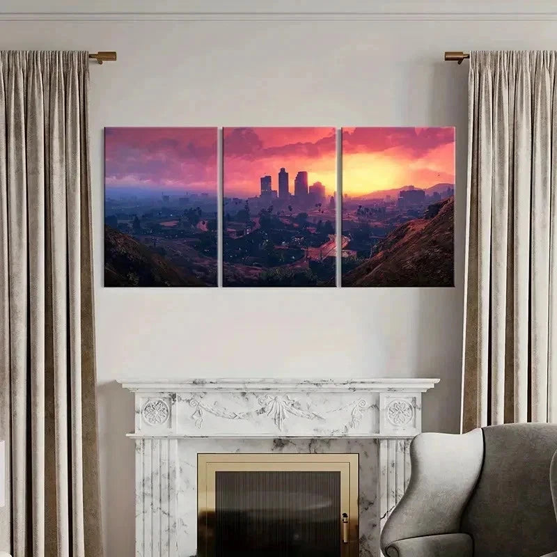 3pcs City Landscape & Sunset Anime Style Wall Art Set Canvas Framed 40x60cm - High Quality Print 100% Australian Made Wall Canvas Ready to Hang