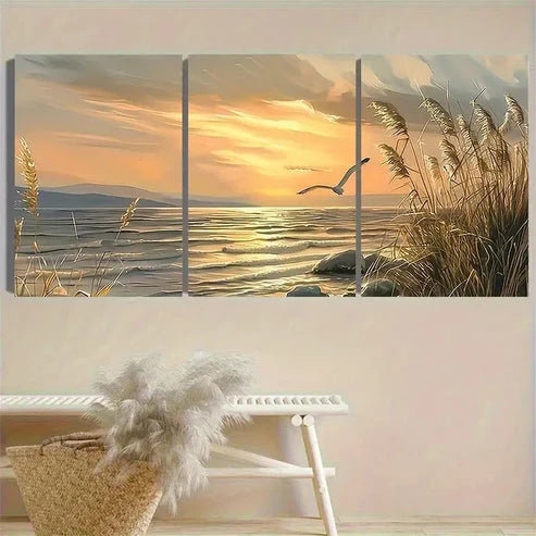 3pcs Seaside Sunset Landscape Wall Art Set Canvas Unframed - High Quality Print 100% Australian Made Wall Canvas