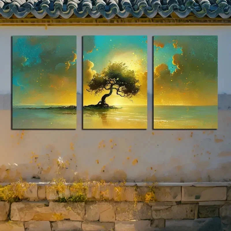 3pcs Vibrant Sunset Tree by the Lake Scene Wall Art Set Canvas Framed 50x70cm - High Quality Print 100% Australian Made Wall Canvas Ready to Hang