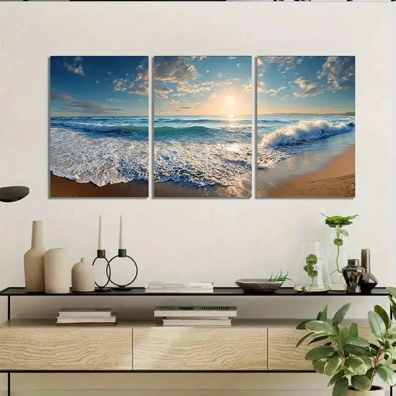 3pcs Serene Beach Scene With Waves Wall Art Set Canvas Framed 40x60cm - High Quality Print 100% Australian Made Wall Canvas Ready to Hang