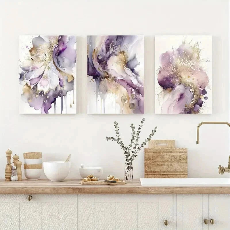 3pcs Purple And Golden Modern Decor Wall Art Set Canvas Framed 40x60cm - High Quality Print 100% Australian Made Wall Canvas Ready to Hang