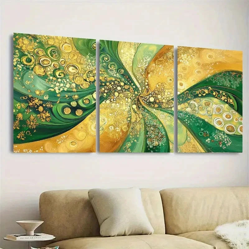 3pcs Bohemian Golden and Green Wall Art Set Canvas Framed 50x70cm - High Quality Print 100% Australian Made Wall Canvas Ready to Hang