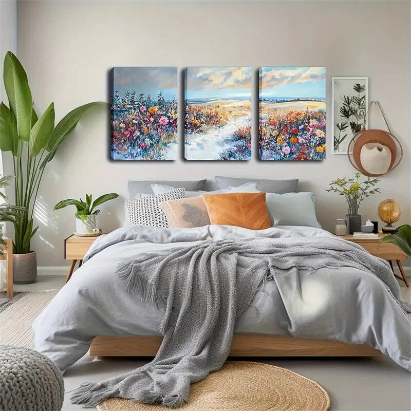 3pcs Vibrant Flowers In The Snow Décor Perfect Wall Art Set Canvas Framed 40x60cm - High Quality Print 100% Australian Made Wall Canvas Ready to Hang
