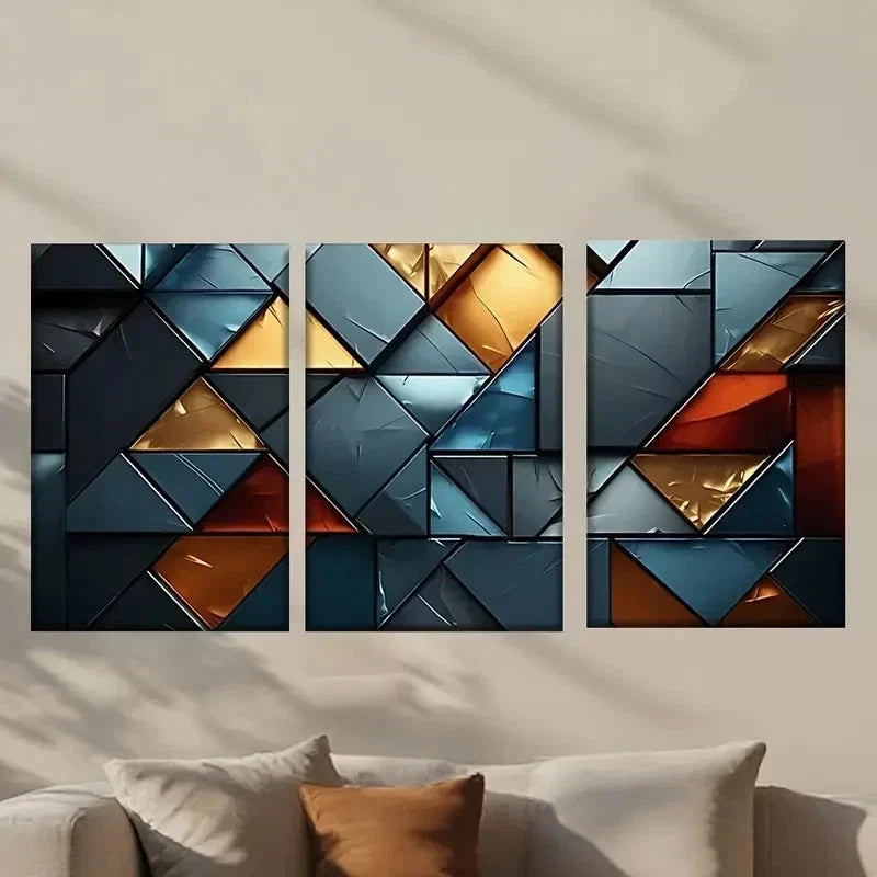 3pcs Blue Golden & Black Triangles Wall Art Set Canvas Framed 40x60cm - High Quality Print 100% Australian Made Wall Canvas Ready to Hang