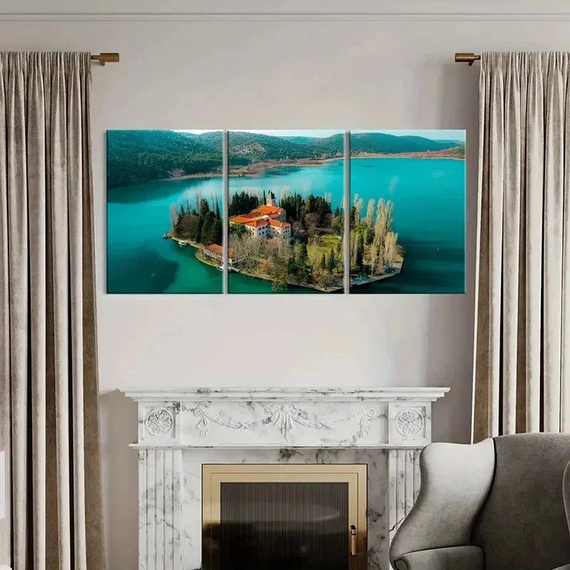 3pcs Lake House Island Modern Landscape Wall Art Set Canvas Framed 40x60cm - High Quality Print 100% Australian Made Wall Canvas Ready to Hang