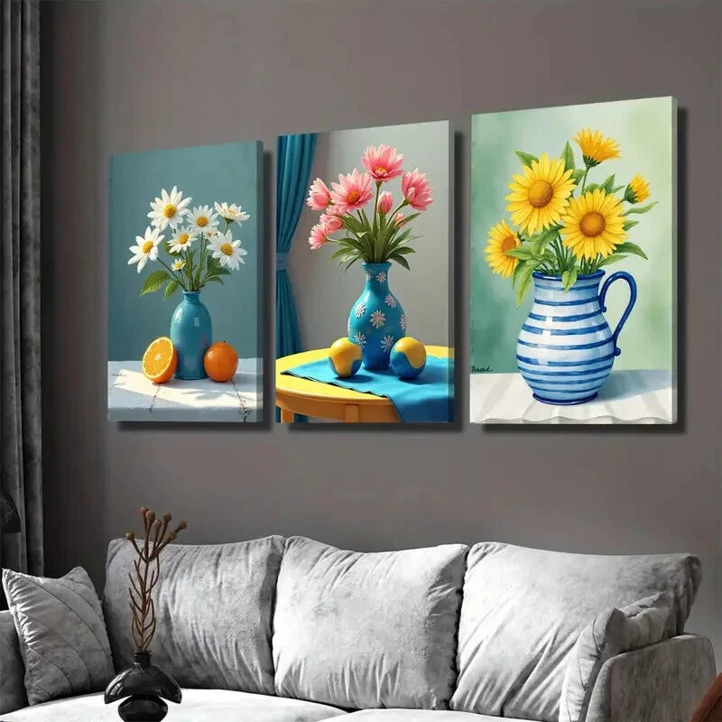 3pcs Beautiful Floral Vibrant Flowers & Fruits Wall Art Set Canvas Framed 40x60cm - High Quality Print 100% Australian Made Wall Canvas Ready to Hang