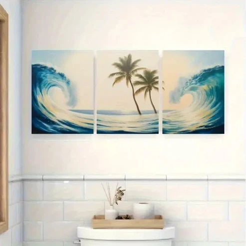 3pcs Ocean Wave & Palm Tree Canvas Wall Art Canvas Unframed - High Quality Print 100% Australian Made Wall Canvas