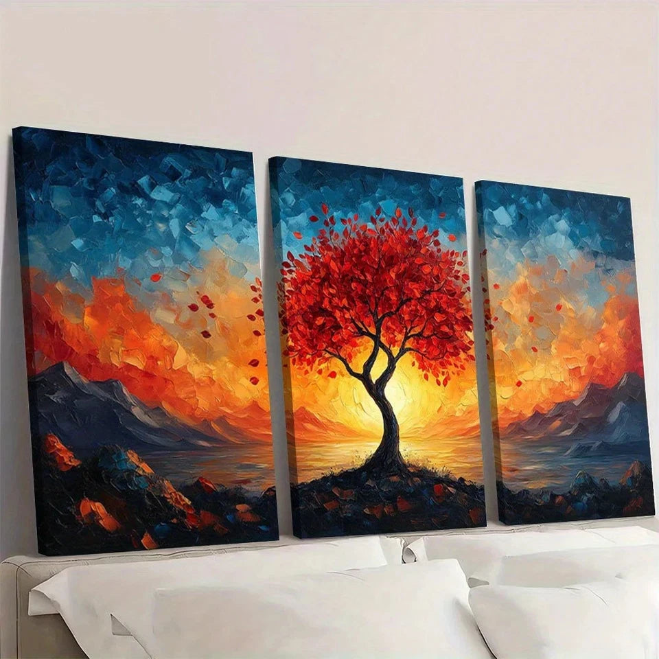 Triptych painting of a red tree with a mountainous background