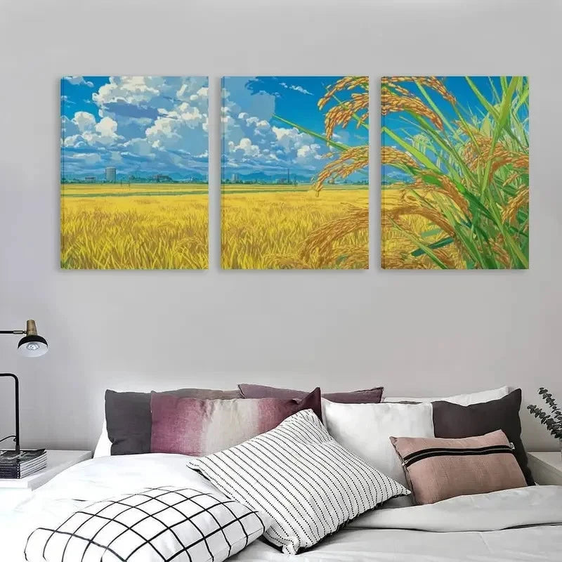3pcs Vibrant Sunflower & Wheat Field Scene Wall Art Set Canvas Framed 60x90cm - High Quality Print 100% Australian Made Wall Canvas Ready to Hang
