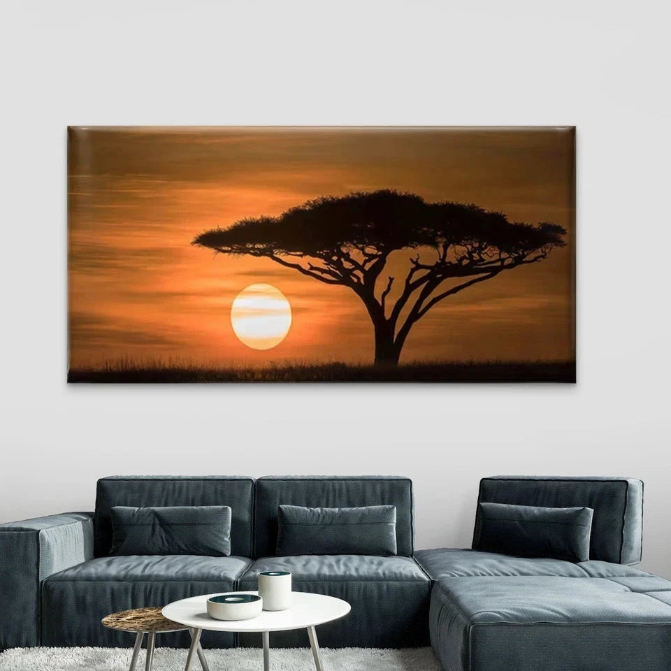 African Savanna Tree Sunset Wall Art Canvas Office Home Room Framed 120x60cm