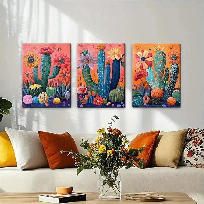 3pcs Vibrant Cactus Desert Botanical Perfect Wall Art Set Canvas Framed 50x70cm - High Quality Print 100% Australian Made Wall Canvas Ready to Hang