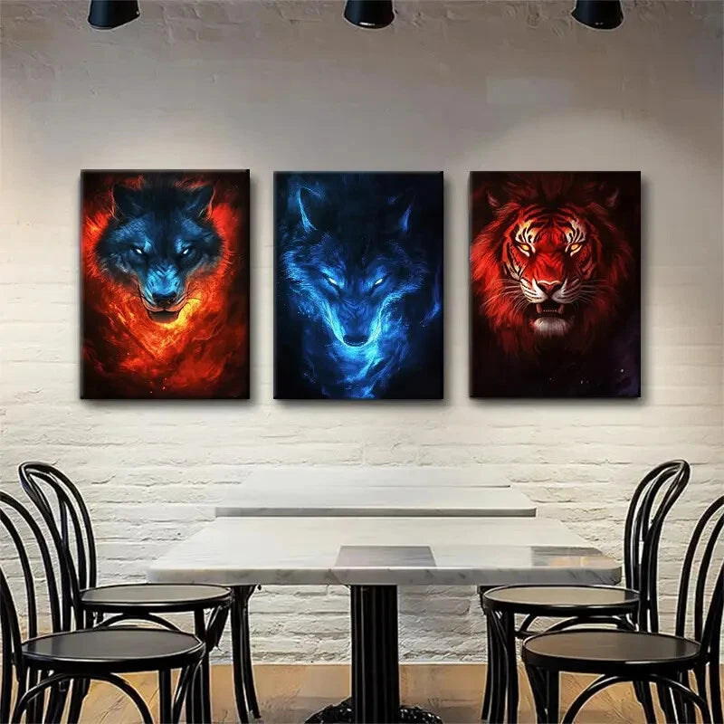 3pcs Fire and Ice Wolf & Tiger Triptych Perfect Wall Art Set Canvas Framed 40x60cm - High Quality Print 100% Australian Made Wall Canvas Ready to Hang