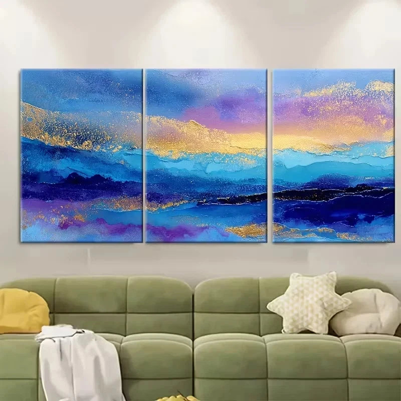 3pcs Golden Ocean Abstract Painting Wall Art Set Canvas Framed 50x70cm - High Quality Print 100% Australian Made Wall Canvas Ready to Hang