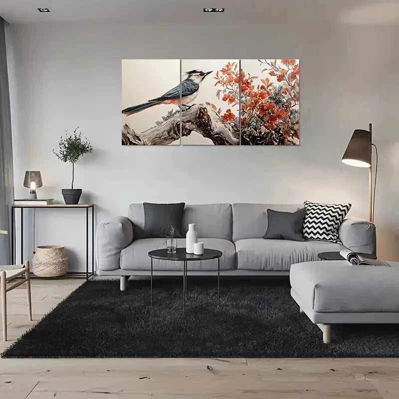 3pcs Bird on Branch with Red Flowers Nature Wall Art Set Canvas Framed 40x60cm - High Quality Print 100% Australian Made Wall Canvas Ready to Hang