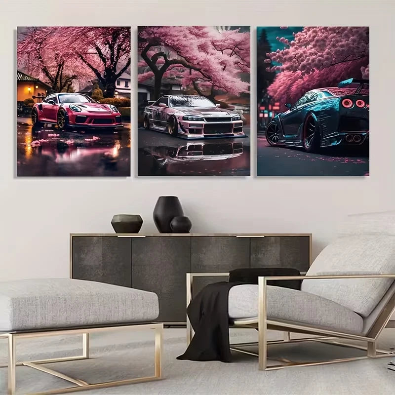 3pcs Cherry Tree Porsche 911 & Sky line GTR Wall Art Set Canvas Framed 50x70cm - High Quality Print 100% Australian Made Wall Canvas Ready to Hang