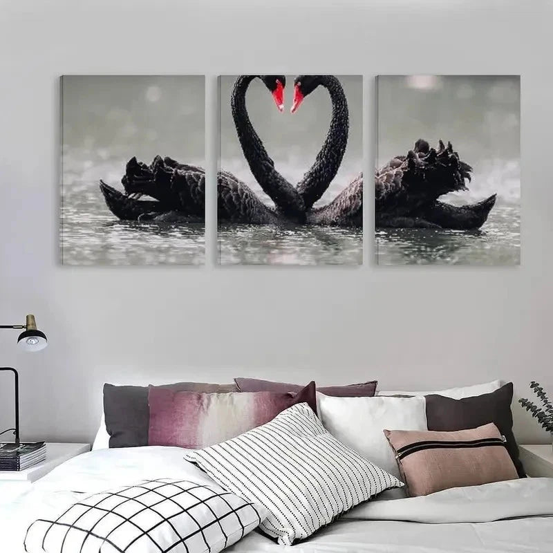 3pcs Two Black Swans in the Water Decoration Wall Art Set Canvas Framed 60x90cm - High Quality Print 100% Australian Made Wall Canvas Ready to Hang