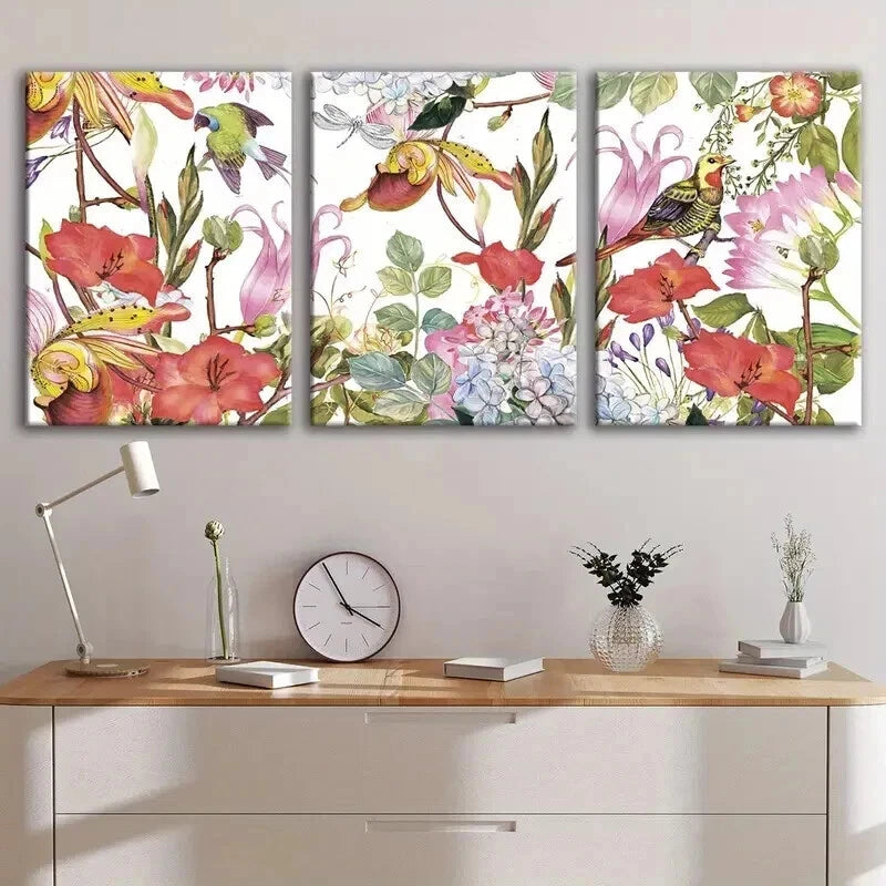 3pcs Vibrant Floral & Birds Red Flowers Parrots Wall Art Set Canvas Framed 50x70cm - High Quality Print 100% Australian Made Wall Canvas Ready to Hang