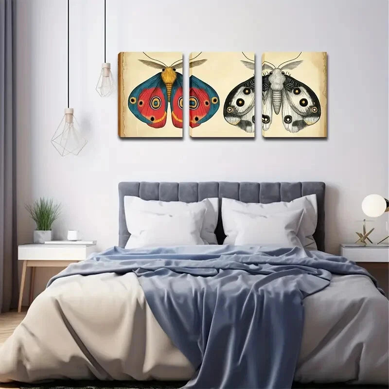 3pcs Illustration Depicting Two Moths Perfect Wall Art Set Canvas Framed 40x60cm - High Quality Print 100% Australian Made Wall Canvas Ready to Hang