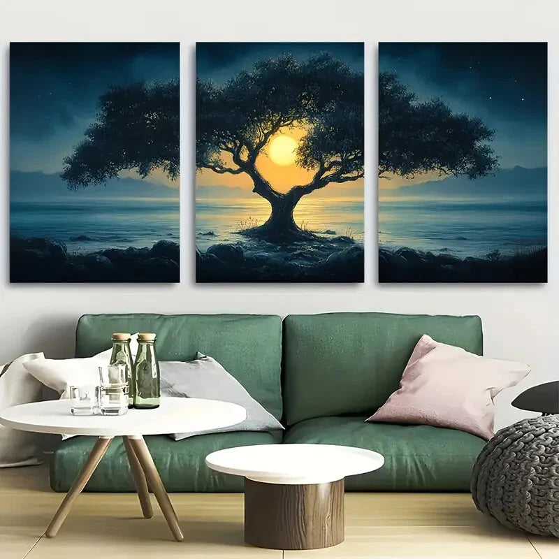 3pcs Tree In The Moonlight Cool Décor Perfect Wall Art Set Canvas Framed 40x60cm - High Quality Print 100% Australian Made Wall Canvas Ready to Hang