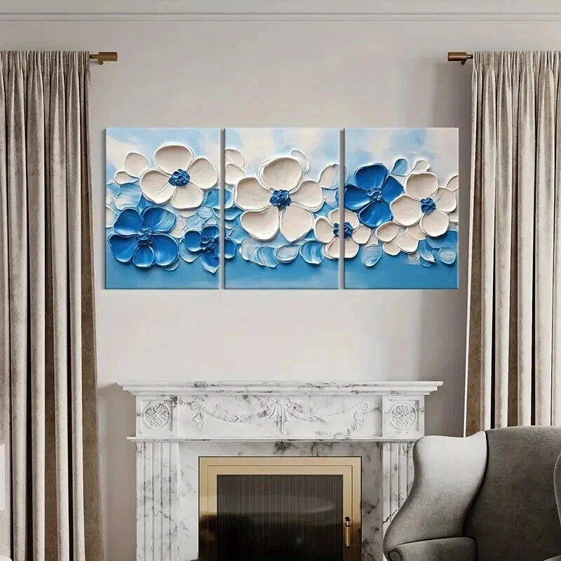 3pcs Abstract Elegant Blue & White Floral Wall Art Set Canvas Framed 40x60cm - High Quality Print 100% Australian Made Wall Canvas Ready to Hang