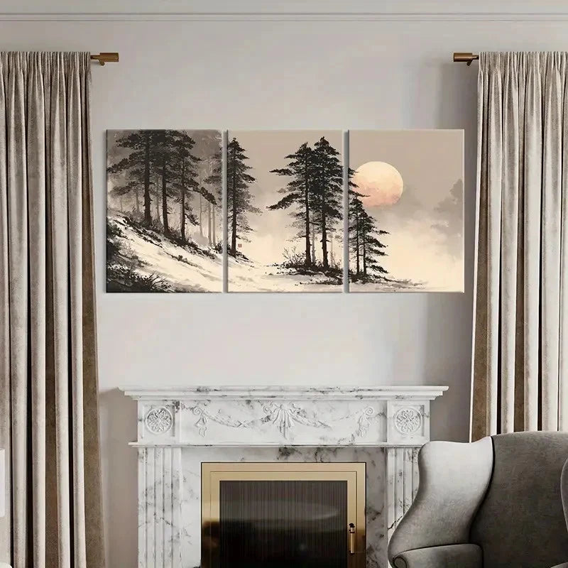 3pcs Moonlit Forest Scene Winter Landscape Wall Art Set Canvas Framed 60x90cm - High Quality Print 100% Australian Made Wall Canvas Ready to Hang