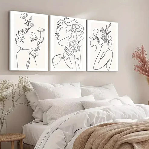 3pcs Minimalist Woman Flower Line Canvas Framed 60X90 cm - High Quality Print 100% Australian Made Wall Canvas Ready to Hang