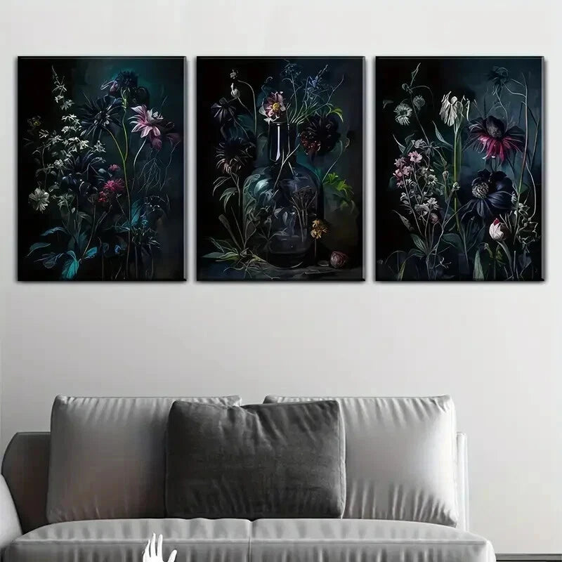 3pcs Dark Toned Vintage Botanical Prints Wall Art Set Canvas Framed 40x60cm - High Quality Print 100% Australian Made Wall Canvas Ready to Hang