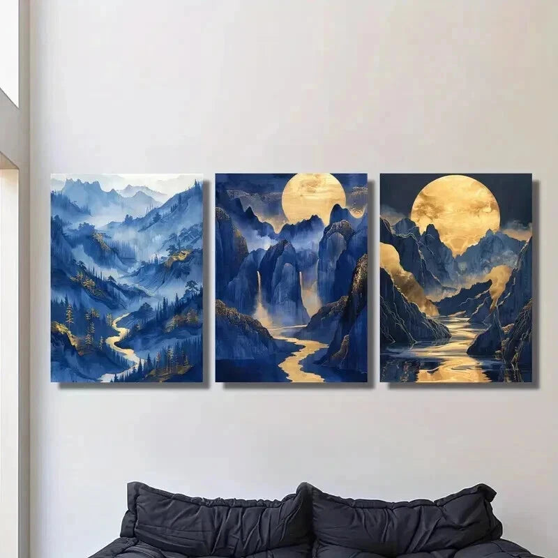 3pcs Gilded Mountains Bright Moon and Rivers Wall Art Set Canvas Framed 40x60cm - High Quality Print 100% Australian Made Wall Canvas Ready to Hang