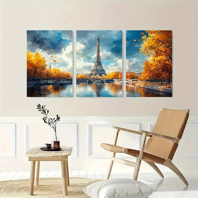 3pcs Paris Eiffel Tower Watercolor Seine Perfect Wall Art Set Canvas Framed 40x60cm - High Quality Print 100% Australian Made Wall Canvas Ready to Hang