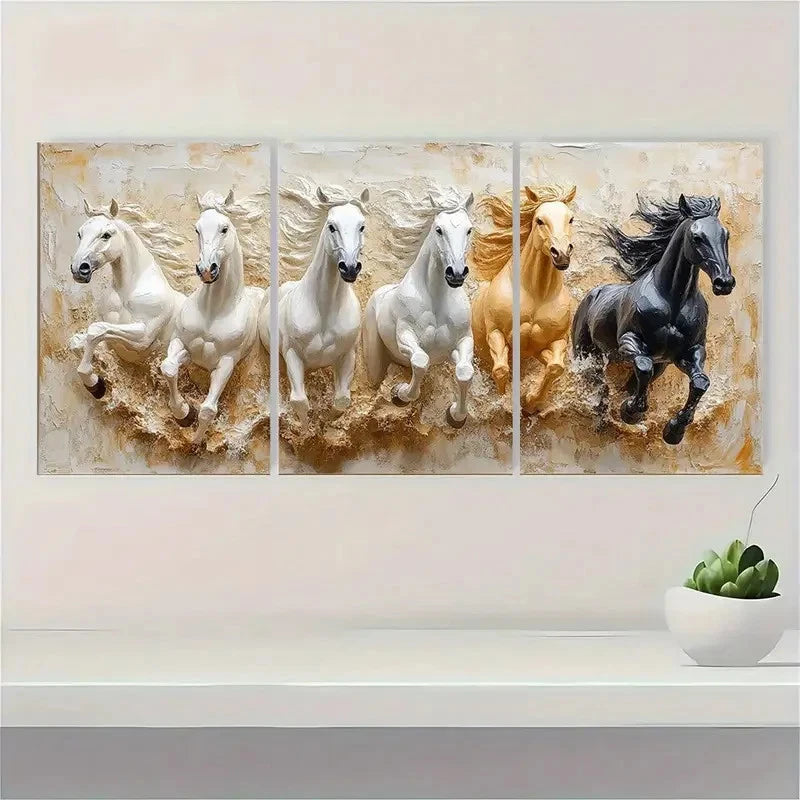 3pcs Seven Lucky Running Wild Horses U Wall Art Set Canvas Framed 50x70cm - High Quality Print 100% Australian Made Wall Canvas Ready to Hang