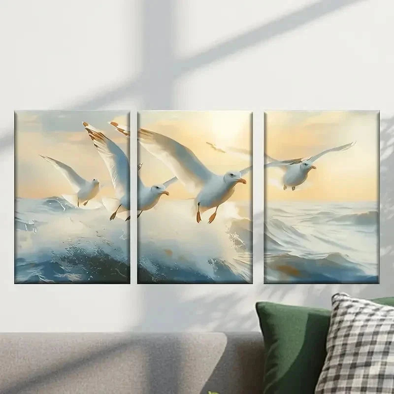 3pcs Seagulls Flying in the Sky at Sunrise Wall Art Set Canvas Framed 40x60cm - High Quality Print 100% Australian Made Wall Canvas Ready to Hang
