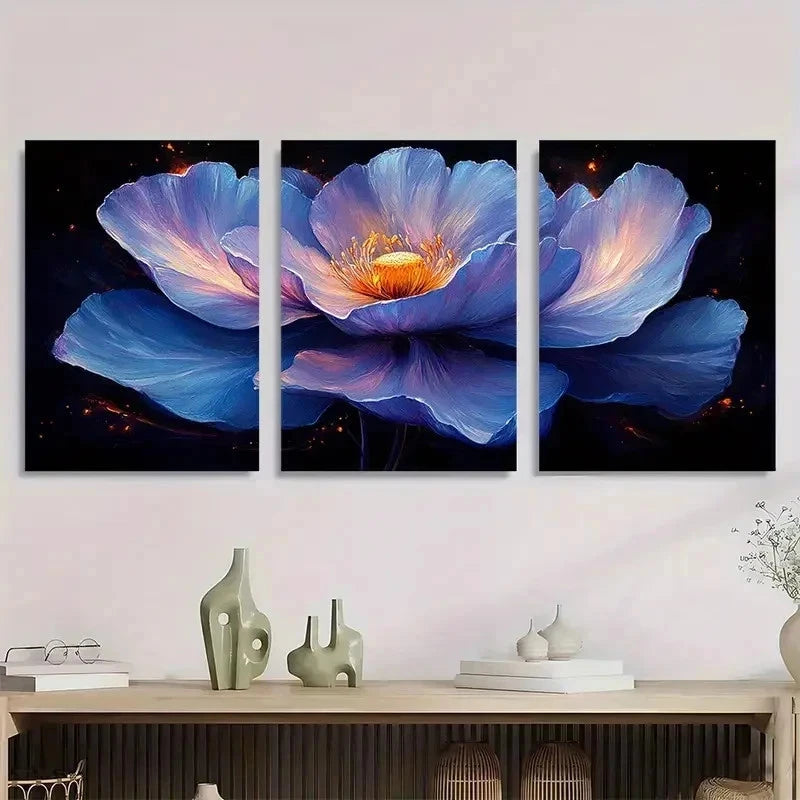 3pcs Vibrant Purple & Blue Floral Perfect Wall Art Set Canvas Framed 40x60cm - High Quality Print 100% Australian Made Wall Canvas Ready to Hang