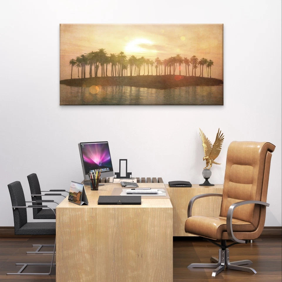 Tropical Island Sunset with Palm Trees Wall Art Canvas Office Home Framed 120x60cm