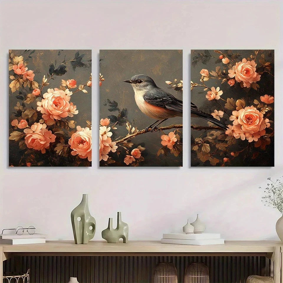 3pcs Exquisite Charming Bird Flowers Wall Art Set Canvas Framed 50x70cm - High Quality Print 100% Australian Made Wall Canvas Ready to Hang