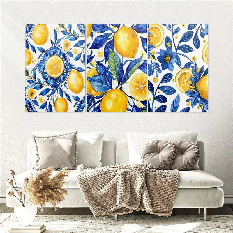 3pcs Blue Yellow Lemon Painting Wall Art Set Canvas Framed 60x90cm - High Quality Print 100% Australian Made Wall Canvas Ready to Hang