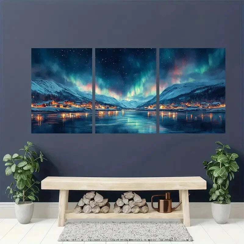 3pcs Tromsø Northern Lights Arctic Coastal Wall Art Set Canvas Framed 40x60cm - High Quality Print 100% Australian Made Wall Canvas Ready to Hang